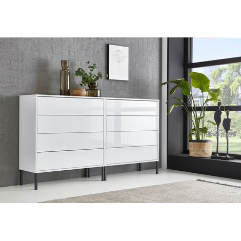BMG Möbel Sideboard Mailand Set 1, grifflos, Metallfüße, Weiß/ Weiß hochglanz