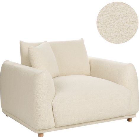 Sillón de sala de estar con respaldo tapizado en bouclé y patas de madera blanco crema Jubek (1/5)