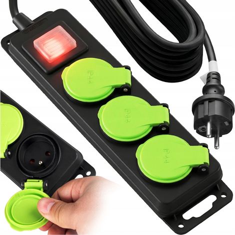 Rallonge électrique Vayox VA0376-10 IP44 pour jardin/chantier, 3 prises, interrupteur, noire, 10 m (1/5)