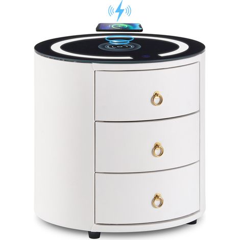 Bedside Table, Round Nightstand, 3 Drawers Cabinet, Smart Bedside Table with Wireless Charging,White (1/5)