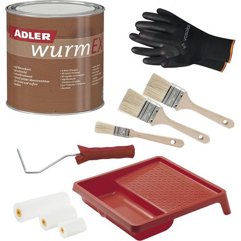 Adler Wurm Ex Holzschutzmittel ideal zum Holzschutz vor Schädlingen mit 2x Pinsel + Lackroller Set mit Farbwanne, farblos 2,5l (1/4)