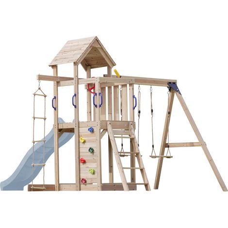 Aire De Jeux AXI Malik – Bois De Cèdre, 2 Balançoires, Toboggan 220 Cm, Bac à Sable, Tour De Guet – Sécurisé EN71, Pour Jardin (345x336x270 Cm)