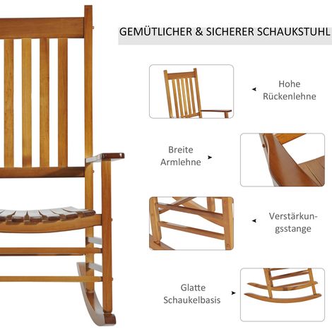 Fauteuil à bascule en bois avec accoudoirs, assise inclinable, chaise de jardin, teinte naturelle, 69 x 86 x 115 cm