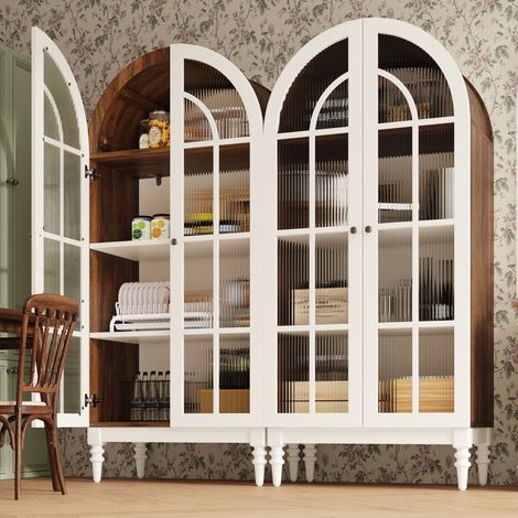 Vitrina arqueada de 2 piezas, 165 cm, con puertas dobles de cristal estriado, 3 estantes, 2 colores (nogal + blanco). (1/5)