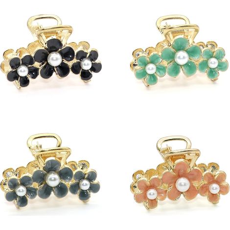 Hair Claw Clip - Alloy Metal - 5.3 x 3 cm - No-Slip Grip - For Thin to Medium Hair - 4 Pack (Black Pink Green Gray) (1/5)