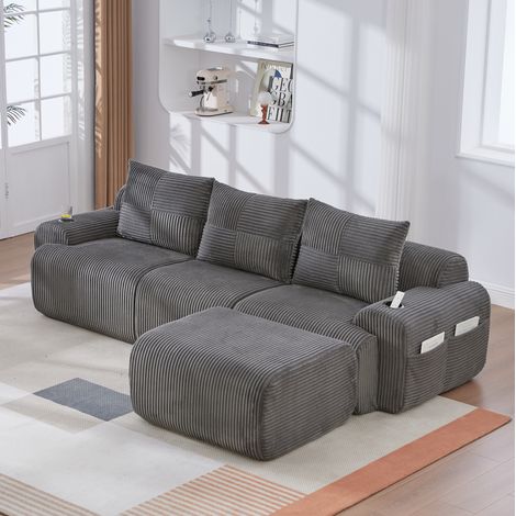 Divano modulare 268/174/80 cm in grigio scuro in corduroy con portabicchieri e tasca laterale (1/5)