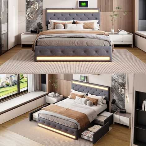 Lit adulte 160x200 cm - DANS LES NUAGES - Tissu en lin gris - LED - 4 tiroirs - USB et Type C (1/5)