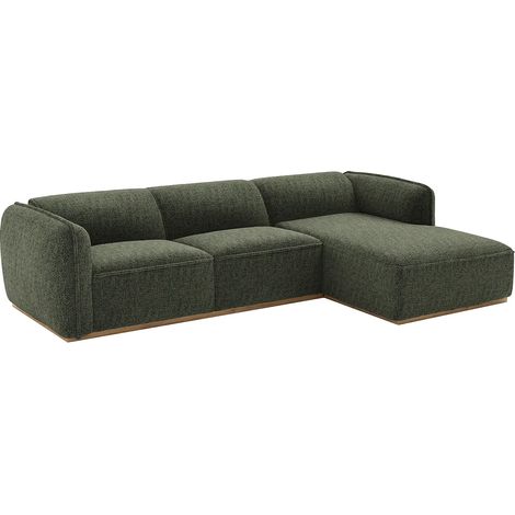 Canapé d'angle droit en tissu chenille vert kaki et base en bois CANOBRU (1/4)