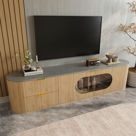Meuble TV 172 cm aspect bois avec vitrine ovale, 2 tiroirs et portes à bandes 3D verticales, pour salon, 172x38x45.5 cm (1/5)