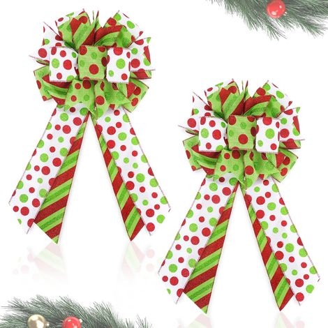 Lot de 2 nœuds de Noël rouge et vert pour couronnes, pré-assemblés, grand nœud de sommet de sapin de Noël de 10 × 18 po, ruban décoratif de Noël, nœuds à pois brillants pour sapins, guirlandes (1/4)