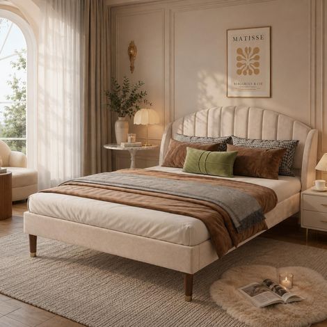 Cama doble 140×190 cm – Cama para adultos – Cabecero acolchado – Somier de láminas – Terciopelo beige (1/5)