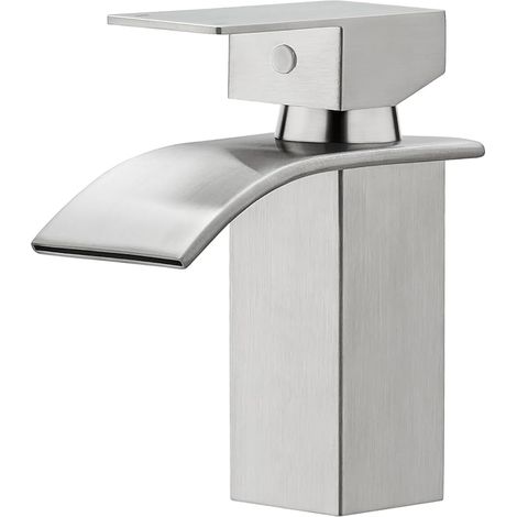 Bec Cascade Robinet Salle de Bains, Mitigeur Lavabo à Une Poignée, Robinet Lavabo RV, Acier Inoxydable, Nickel Brossé (1/5)