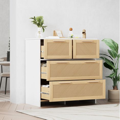 Cómoda 80x38x80 cm natural y blanco en MDF y ratán con 4 cajones y dispositivo antivuelco (1/5)