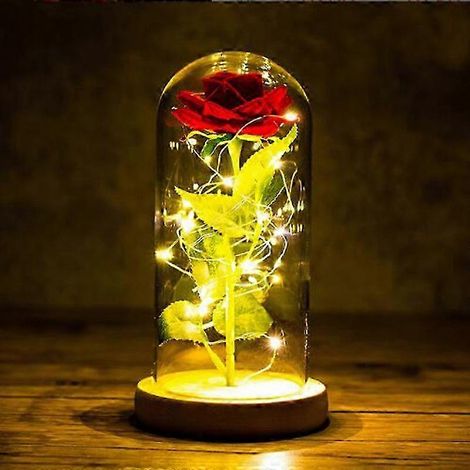 Rose en verre préservée « La Belle et la Bête », rose artificielle sous dôme de verre, rose stabilisée « La Belle et la Bête ». (1/4)