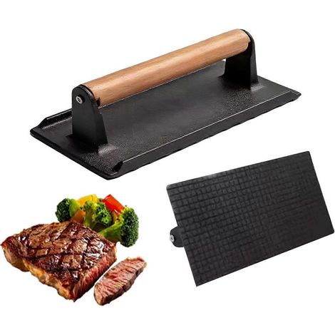 Presse à viande fonte poignée bois, presse métallique extrait graisse, idéale pour grillades, barbecues, camping, pique-niques et cuisine maison (1/5)