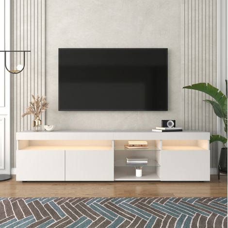 Mobile TV 180x35x48 cm bianco in MDF con finitura lucida, inserti in vetro e LED multicolore (1/5)