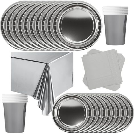 69 Pièces Vaisselle Jetable Anniversaire Argent,Assiette Carton Papier Tasses Serviettes Nappe pour Fête de Noël,Vaisselle de Fête Enfants,Barbecue Les Fêtes Les Pique-niques(16 Invités) (1/2)