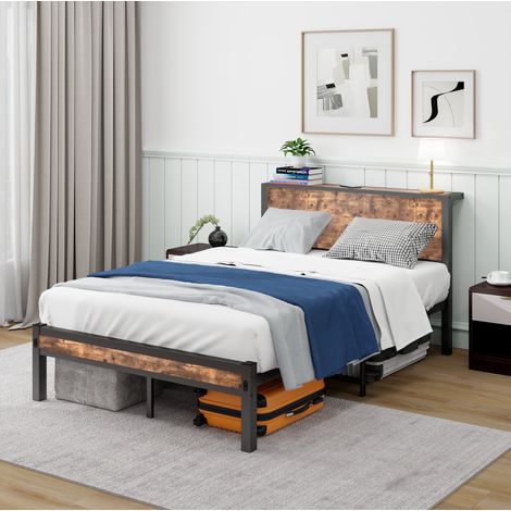 Letto singolo 120x200 cm con testiera contenitore, struttura in metallo, MDF, marrone antico (1/5)