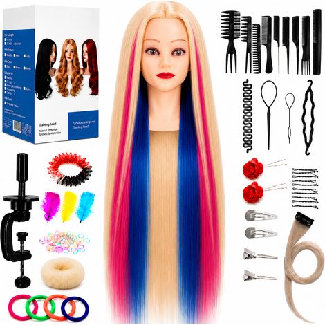 Cabeza de entrenamiento de peluquería femenina para peinar cabello sintético de 90 cm + set de cabello, relleno de moño, peine para recogidos. (1/5)