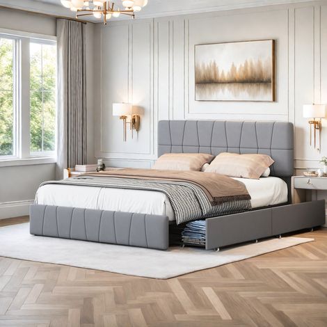 Lit 160 x 200 avec tête de lit et sommier, Lit double tapissé avec rangement, 4 tiroirs, Cadre de lit 160x200 avec sommier, velours, Gris (1/5)