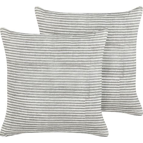 Lote de 2 cojines de lino de algodón con estampado de rayas en color gris y blanco 50 x 50 cm Kanpas