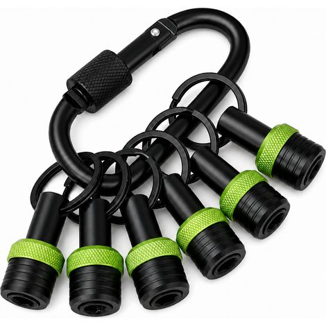 Juego de 6 extensiones de llavero de aleación de aluminio con adaptadores y enchufes (negro incluido), en un estuche de plástico verde. (1/5)
