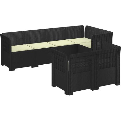 Canapé de Jardin Modulaire 7 Places en PP Aspect Rotin Anthracite avec Coussins Crème - PANGIVO (1/5)