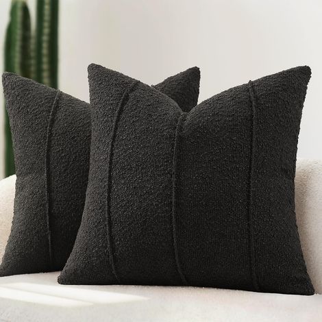 Housse de Coussin Bouclé 45x45 Lot de 2, Housses Douces à Texture avec Rayures, Coussins Décoratifs, Lit & Salon, Noir