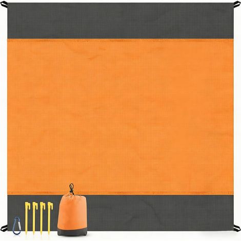 Extra große, tragbare Strandmatte, sanddichte Stranddecke, faltbare Strandmatte mit 4 Eckheringen, leichte Stranddecke für Picknicks (Orange)