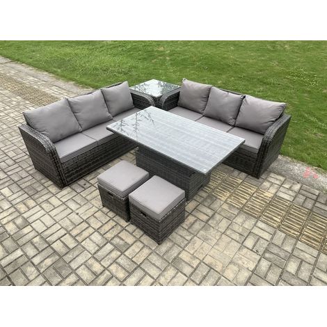 Fimous Outdoor Rattan Garden Furniture Sets Height Adjustable Rising lifting Dining Table Sofa Set with Side Table 2 Small Footstools Dark Grey Mixed (1/5)