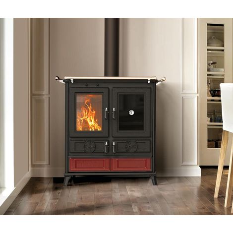 Cuisinière à bois en céramique raccordable - THERMOROSSI Violetta Evo 8.2 kW Bordeaux - Avec kit air - Avec 2 barres latérales (1/5)