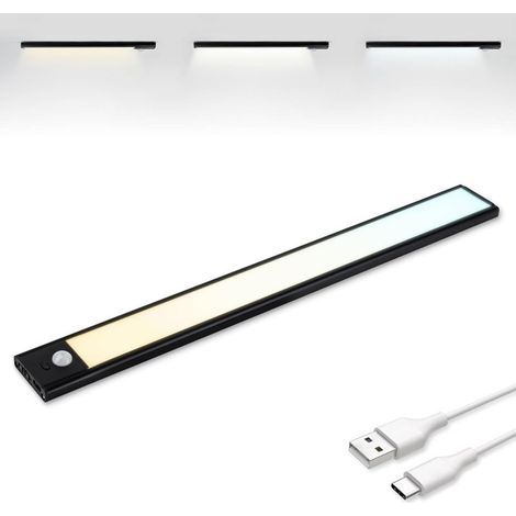 Réglette Led Armoire Detecteur Mouvement, Reglette Led Rechargeable USB-C, 3 Températures de Couleur, Led Dressing, Lampe de Placard, Dimmables, Bande Magnétique pour Armoires, Couloirs, 40cm, Noire (1/5)