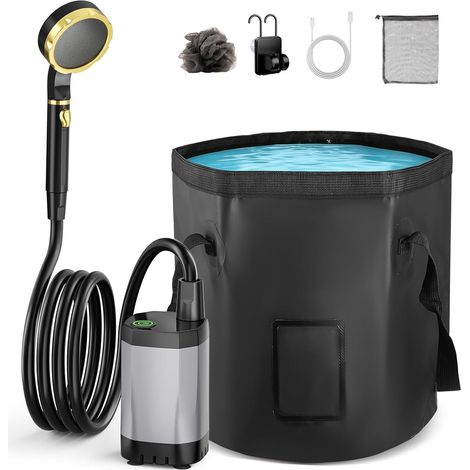 Douche de Camping, Douche Portable Rechargeable de 7800 Mah avec Seau Pliable de Grande Capacité, Pomme de Douche Filtrée, Douche de Camping Extérieure pour La Randonnée, Le Camping-Car (1/5)
