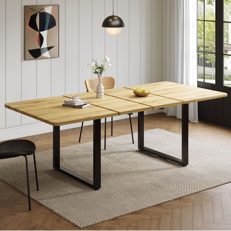 Ausziehbarer Esstisch 140/180/220 x 80 cm aus MDF, Natur, schwarze Metallbeine HAVRYA (1/5)