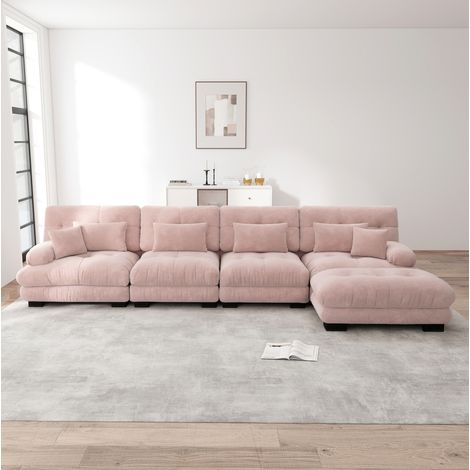 Sofá esquinero modular rosa con ottoman móvil en chenilla, confort cloud,406x145x81 cm (1/5)