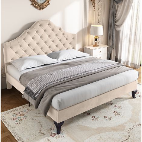 Lit capitonné 140x190 avec sommier à lattes, tête de lit réglable, velours beige HAVRYA (1/5)