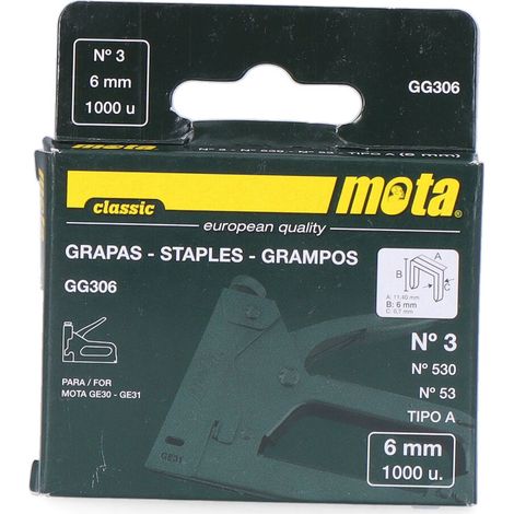 Agrafes MOTA n°3 de 6 mm 1000 unités. Épaisseur 0,7 mm GG306 (1/2)