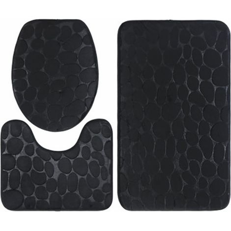 Lot de 3 tapis de bain antidérapants en relief imitation pavés pour salle de bain, avec couvercle de toilette, idéal pour les hôtels (noir).