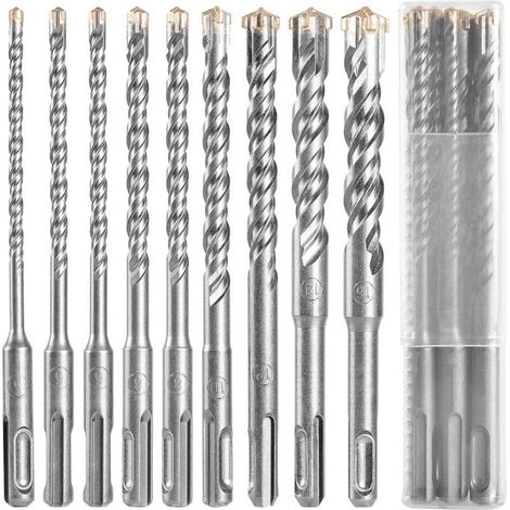 SDS-Betonbohrer-Set, 9-teilig (5 mm x 16 x 160 mm), Fliesenbohrer, Bohrer- und Meißelset für Schlagbohrmaschinen, Querbohrer für Beton, Ziegel, Stein, Naturstein und Metall. (1/4)