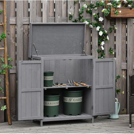 Mueble de jardín de madera, 2 compartimentos, doble puerta, 74 x 43 x 88 cm, gris oscuro DESVIAE (1/5)