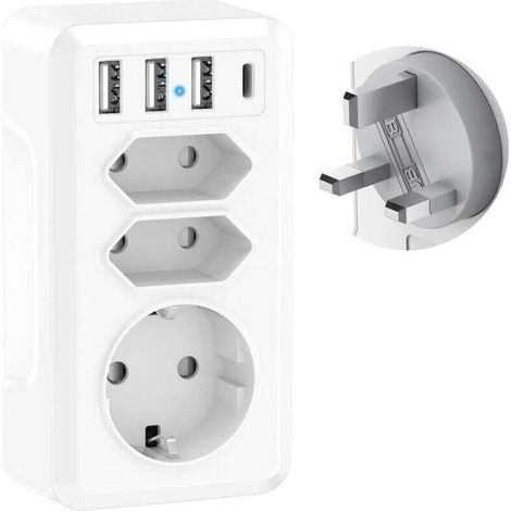 Adaptateur Voyage 7 en 1 avec 3 USB et USB-C Adaptateur France vers UK Prise Anglaise Adaptateur UK Type G pour Irlande Malaisie Angleterre Royaume-Uni Dubai