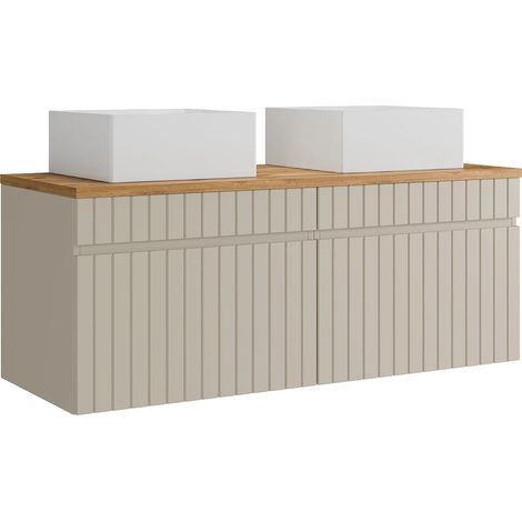 Meuble de salle de bain suspendu strié beige avec vasque à poser carrée - 120 cm - SATARA (1/5)