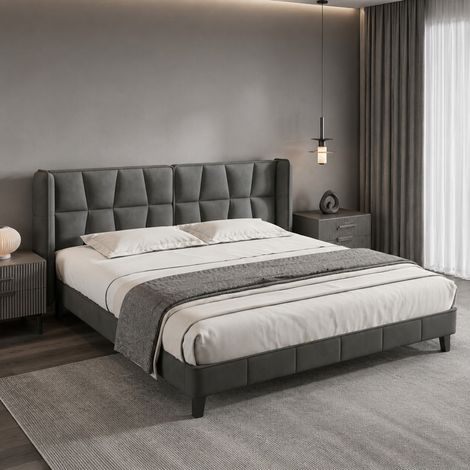 Letto 180x200 cm in velluto grigio con testiera, senza materasso – MEUBLIV (1/5)