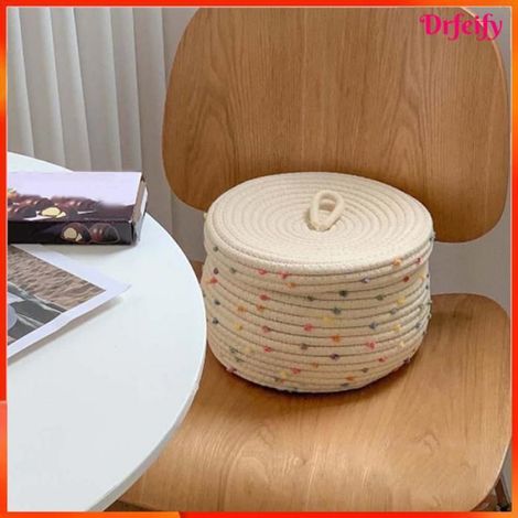 Panier en corde de coton - - Rond - Couvercle - Corde coton douce - Gain de place (1/5)