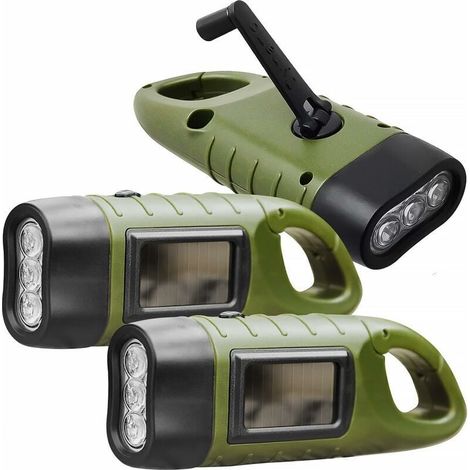 3-teilige wiederaufladbare LED-Taschenlampe, solarbetriebene wiederaufladbare Taschenlampe mit Wanderschnalle, Dynamo-Taschenlampe, Handkurbel-Taschenlampe für Outdoor/Camping/Notfall (Grün) [Klasse E (1/4)