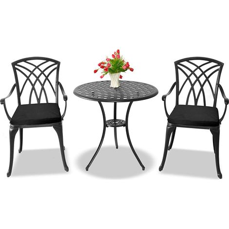 Centurion Supports OSHOWA Garden & Patio Table & 2 Large Chairs with Armrests Cast Aluminium Bistro Set - Black Cushions (1/5)