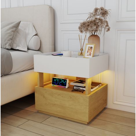 Table de chevet 2 tiroirs, LED réglable et recharge sans fil, blanc et bois naturel DESVIAE (1/5)