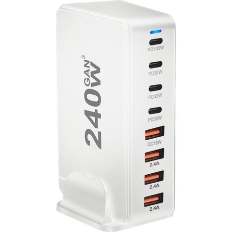 Chargeur De Bureau 240W, 8 Ports USB Type C PD, Charge Rapide 3.0 USB Type C, Chargeur Rapide for Téléphone Portable Sécurité Rapide(White) (1/5)