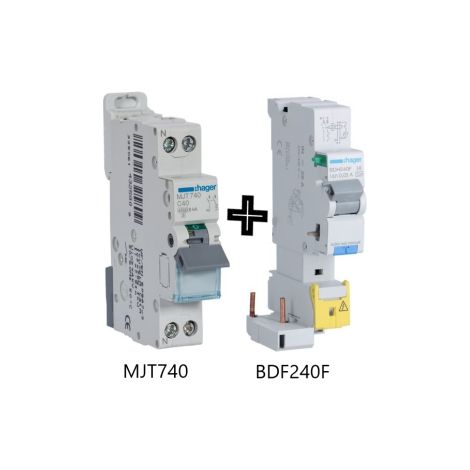 Hager - Disjoncteur 40A courbe C avec Bloc diffu00e9rentiel 40A type F - Ru00e9f : BDF240F + MJT740 (1/2)