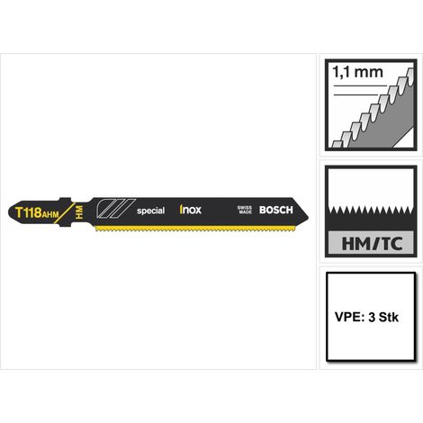 Lames de scie sauteuse pour INOX, coupe droite fine, Réf. Bosch : T 118 AHM, Qualité de lame de scie Carbure, Long. totale 83 mm, Pas de dents : 1,1 mm